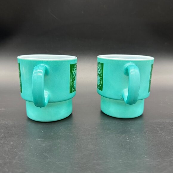 Vintage Milk Glass Mugs Hazel Atlas Teal Green Stacking Fruit Cherry Pear Apple - Picture 3 of 12